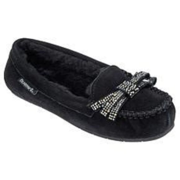 NEW Bearpaw Black Suede and Sheepskin Moccasin with Crystal Bow Size 11 - Picture 1 of 3
